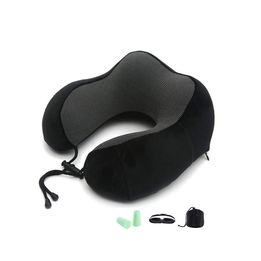 Reise-Halskissen-Set mit 100% Memory Foam 3D-Konturierte Schlafmaske Formbare Ohrstecker & Tragetasche - Schlafkit für Unterwegs (Schwarz