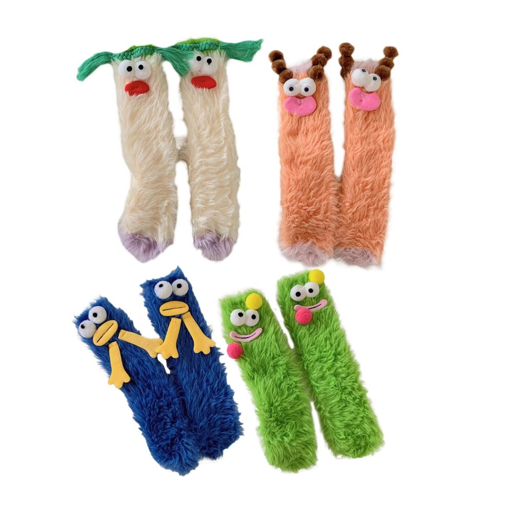 Mädchen Flauschige 3D Cartoon Stoppersocken - 2 Paar Keks-Monster Slipper Socken für Winterwärme