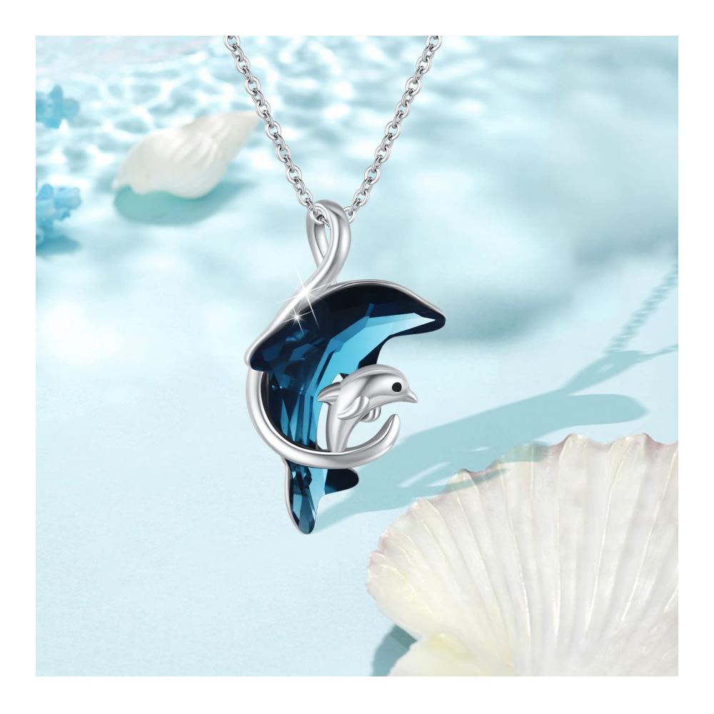 925 Sterling Silber Delphin Kette mit Blauem Kristallanhänger – Eleganter Delphinschmuck für Damen Weihnachtsgeschenk
