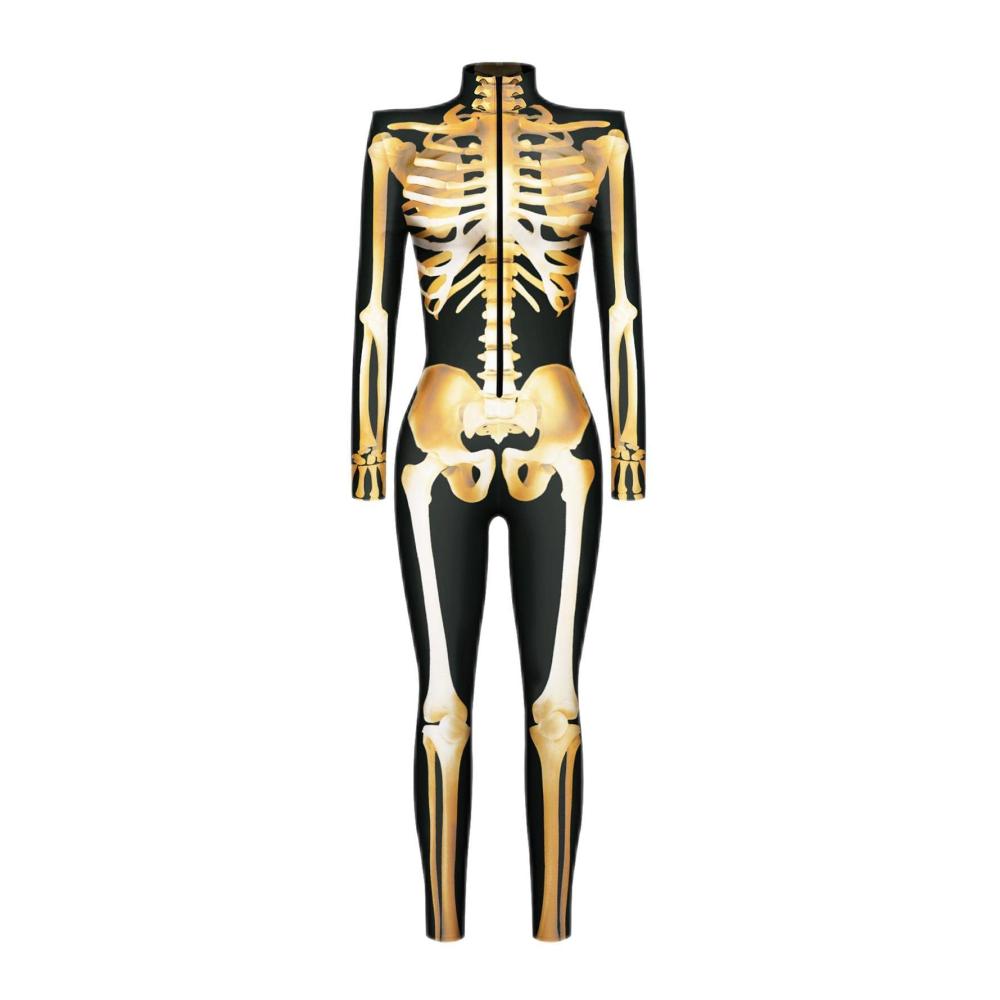 Damen Skelett Catsuit - Halloween Jumpsuit mit Langen Ärmeln und Stretch | Gruseliger Damen Skull Bone Bodysuit - Perfekt für Themenpartys