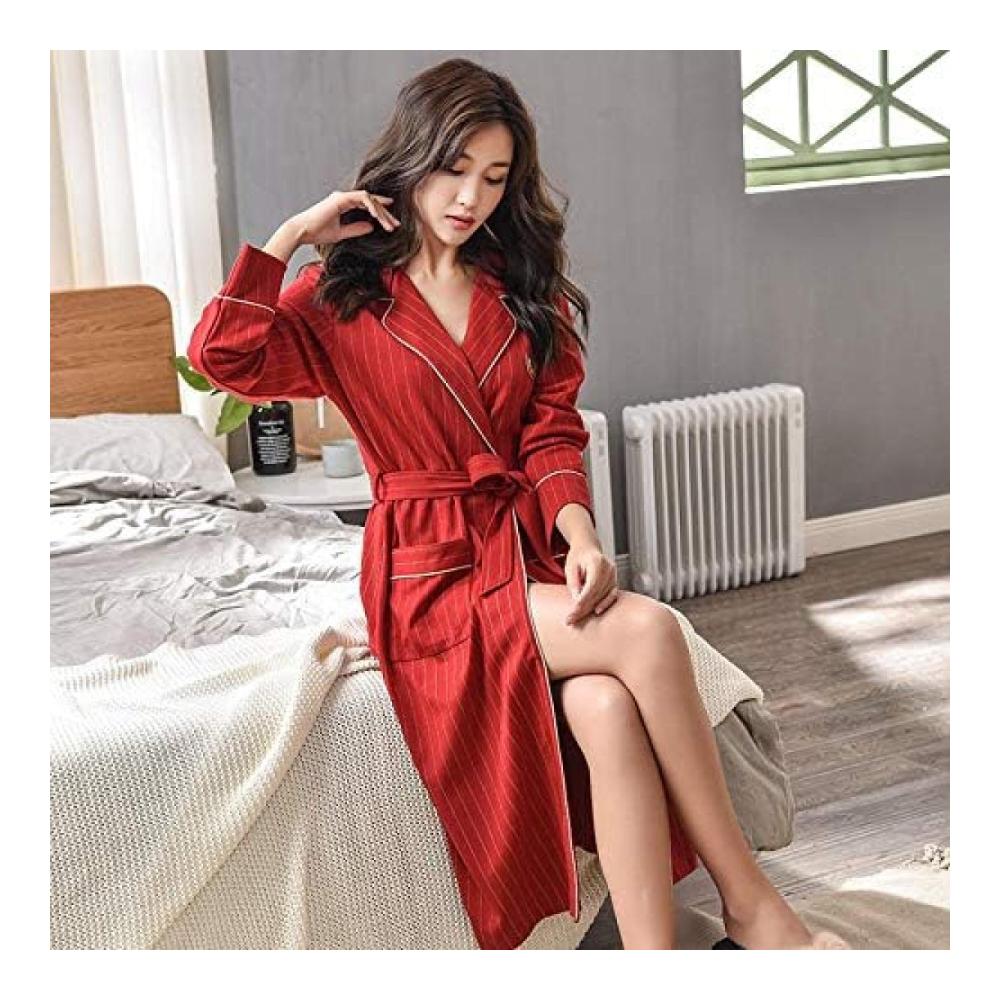 Damen Baumwoll-Bademantel | Mittellang Langärmelig | Frühlings- und Herbstrobe Sommer-Pyjama | Sexy dünn gestreift | Rot | Größe M
