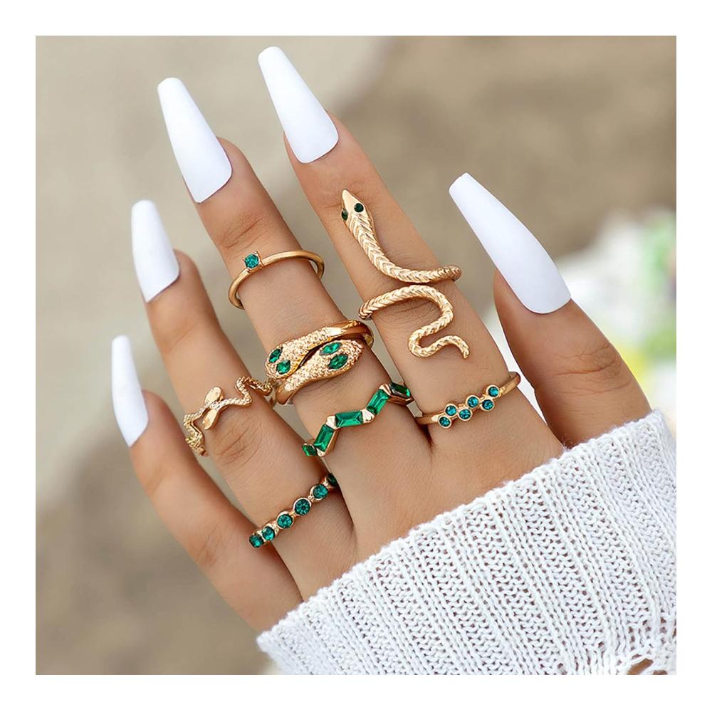 Boho Smaragd Schlange Ring Set - Goldene Serpent Finger Ringe mit Kristallakzenten für Frauen - Vintage Midi Ringe für Knöchel - Schmuckgeschenke