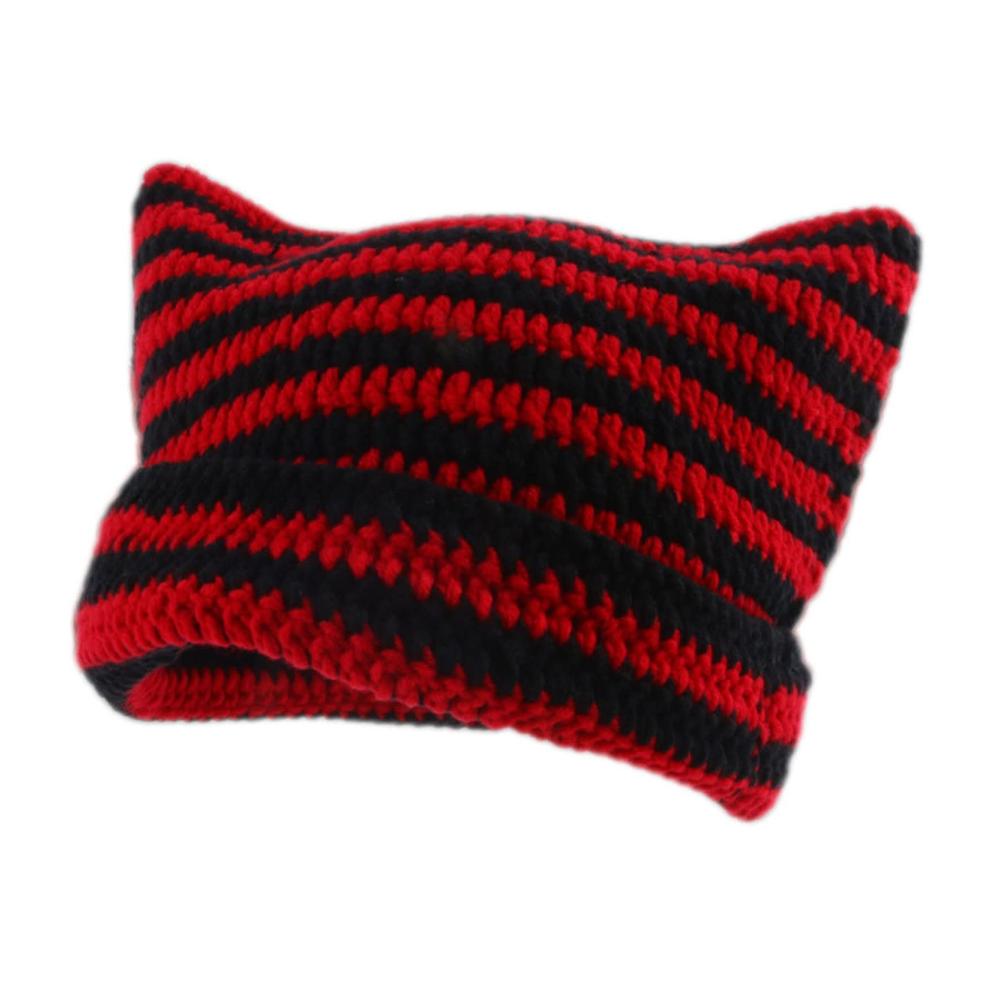 Winter Strickmütze für Damen mit Katzenohren - Trendige Warme und Weiche Slouchy Gestreifte Häkelmütze - Vintage Katzen Hut für Frauen