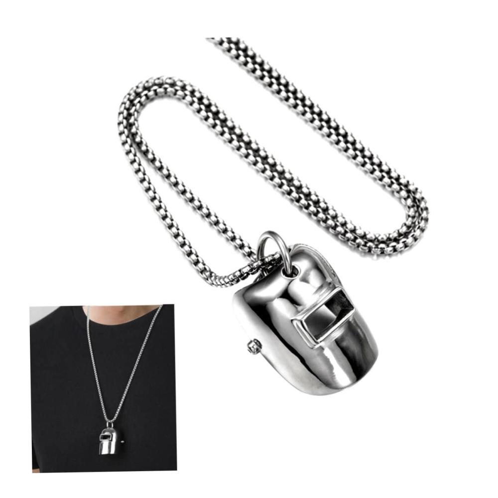 HipHop Edelstahl Halskette Set mit Schweißhelm-Anhänger - Glänzender Schmuck für Männer und Frauen (Silber