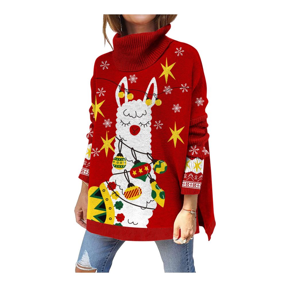 Damen Weihnachtspullover mit Rollkragen 3D-Druck und Seitenschlitz – Festlicher Langarmstrick für lockeren Style in S-XL-Größen