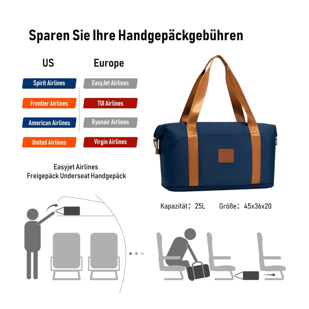 Handgepäck Kabinentasche 45x36x20cm Easyjet Airlines Freigepäck Wasserfest 25L Blau - Ideale Sporttasche und Reisetasche für Damen