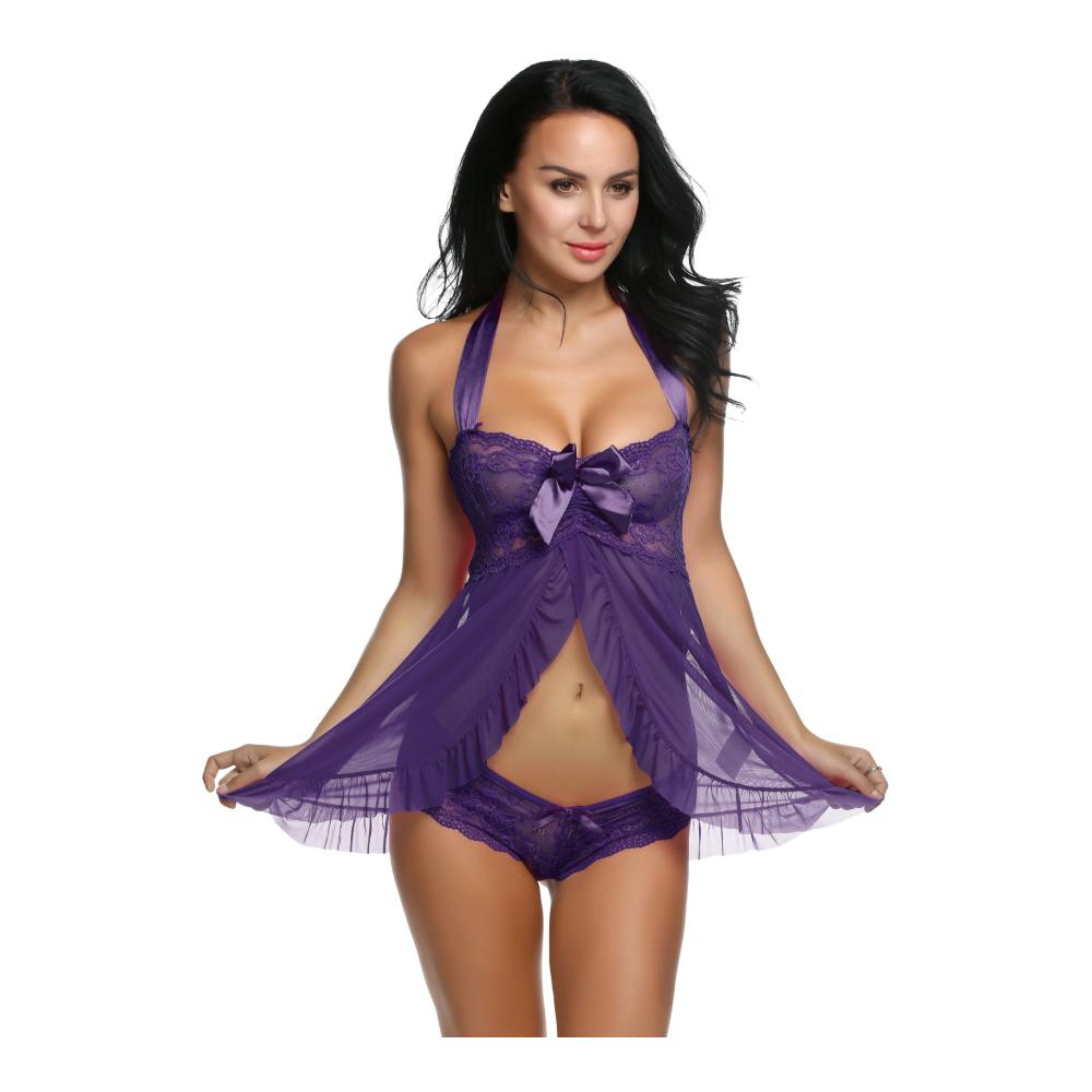 Dunkelvioletter Spitzen-Babydoll & Negligee Set Gr.S - Verführerische Neckholder Nachtwäsche mit Lace Strap Chemise - Damen Dessous in stilvollem Design