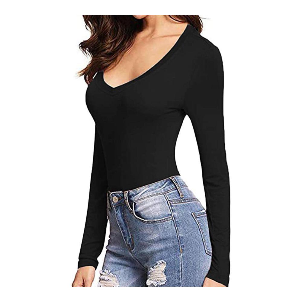 Schwarzer Damen-Bodysuit Figurbetonter V-Ausschnitt Langarm-Trikot für den Winter