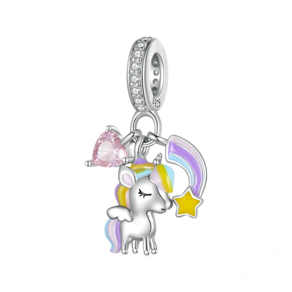 925 Sterling Silber Pferdeanhänger mit Regenbogenperle - Charm für Damen Halskette und Armband