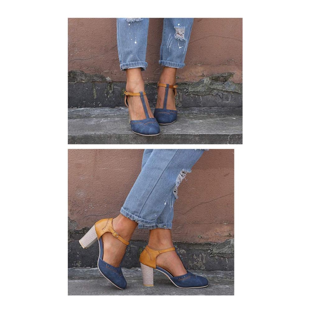 ACMEDE Damen Sandalen - T-Strap Pumps mit Riemchen Blockabsatz und geschlossener Spitze - Spangenpumps in Wildleder mit breitem Absatz - Elegante Damenschuhe für Frühling und Sommer