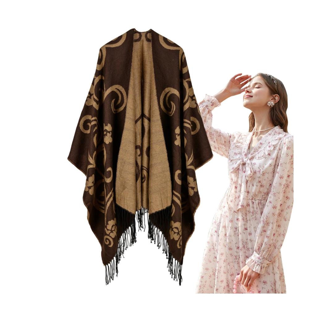 Doppelseitiger Damen-Schal-Poncho für kalte Tage Strickponchos & Capes mit Reisekaromuster – Warm lässig und bequem für Treffen Verabredungen Arbeit Reisen Schule und Zuhause