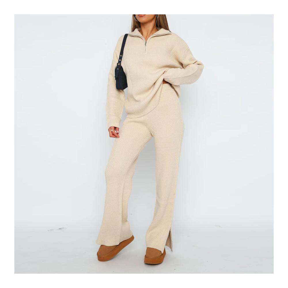 Damen Lounge Set Langarm Strickpullover & High Waist Freizeithose - Zweiteiliger Strickanzug für gemütliche Loungewear und Jogging