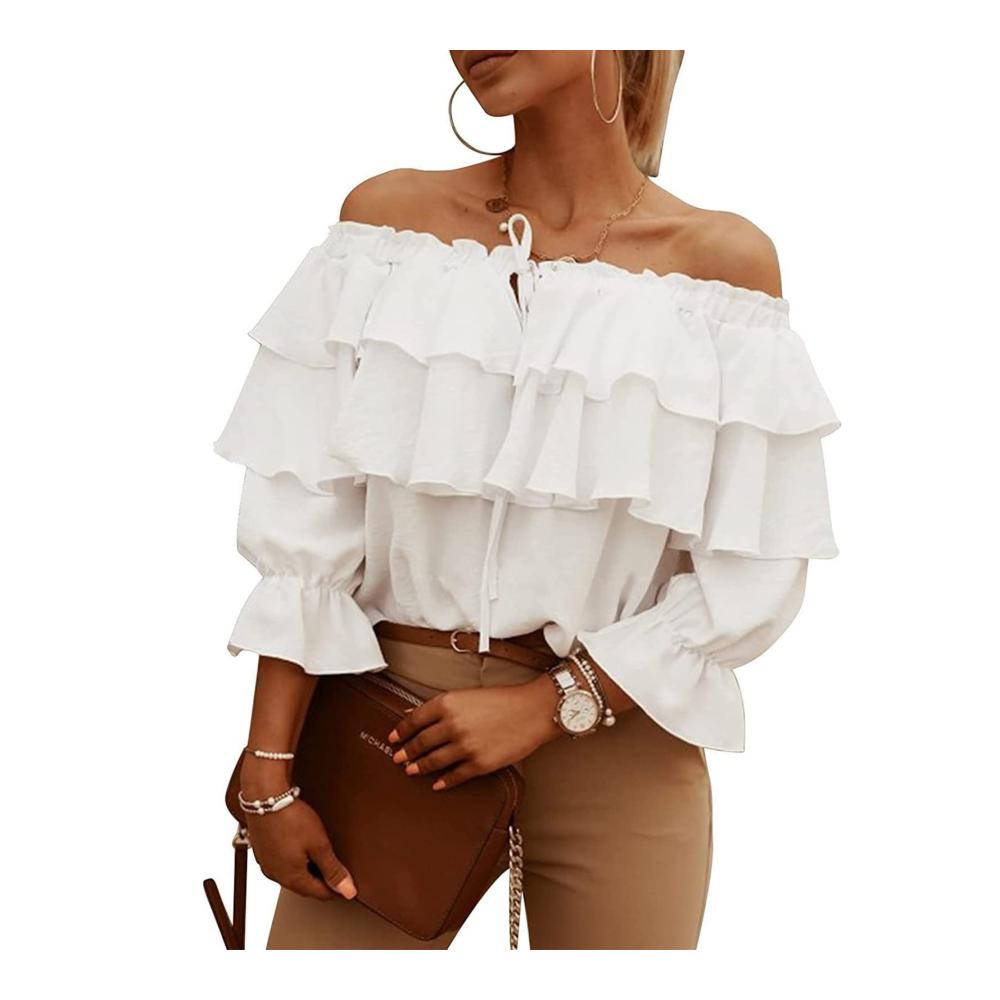 Damen Schulterfrei T-Shirts mit Geschichteten Rüschenärmeln und Rückenausschnitt - Elegante Weiße Blusen Tops