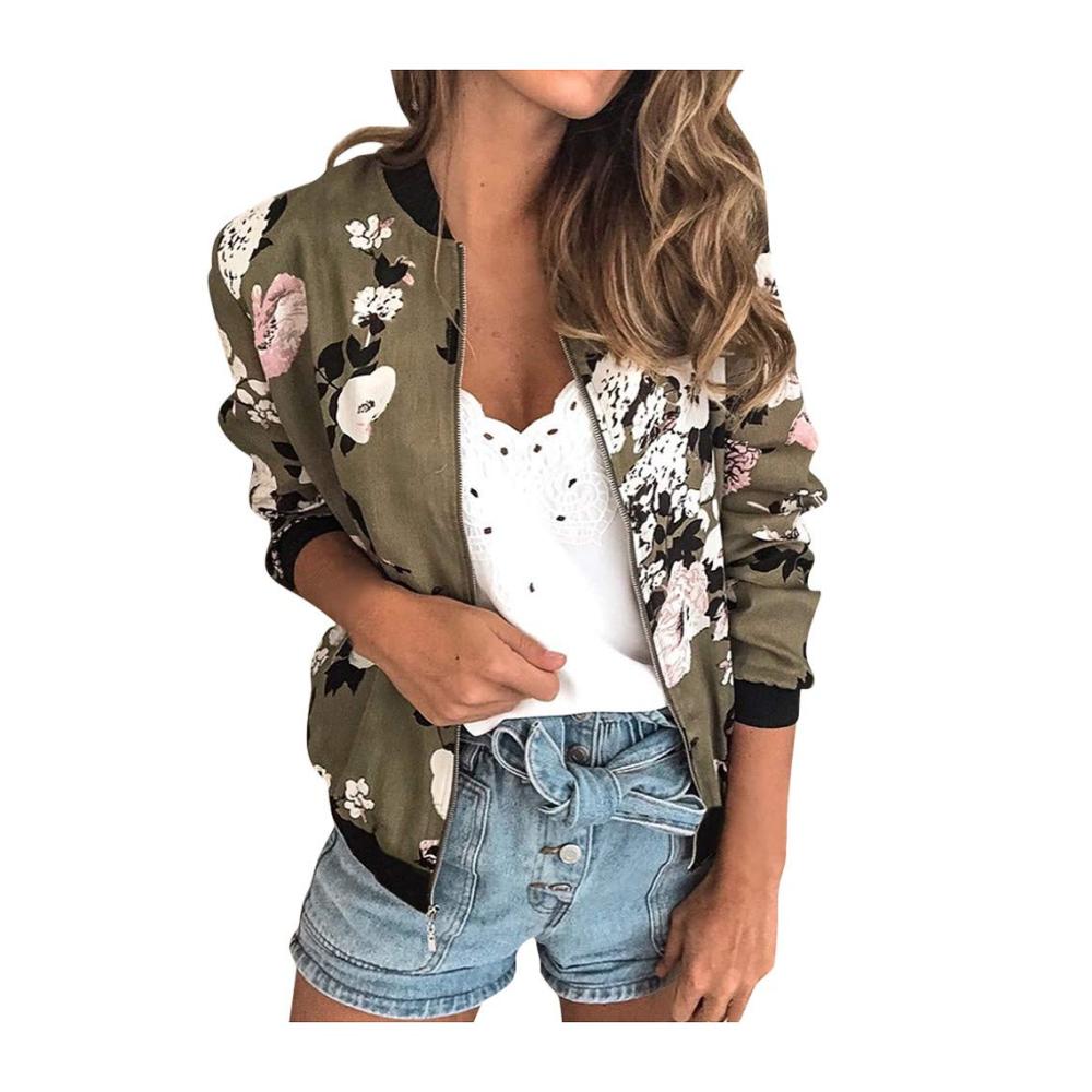 Damen Bomberjacke mit Blumenmuster Langarm Reißverschluss und Stehkragen für Herbst und Frühling