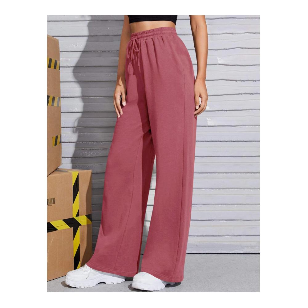 Damen Jogginghose mit weitem Bein hoher Taille elastischem Bund und Kordelzug - Lockere Freizeithose mit Taschen