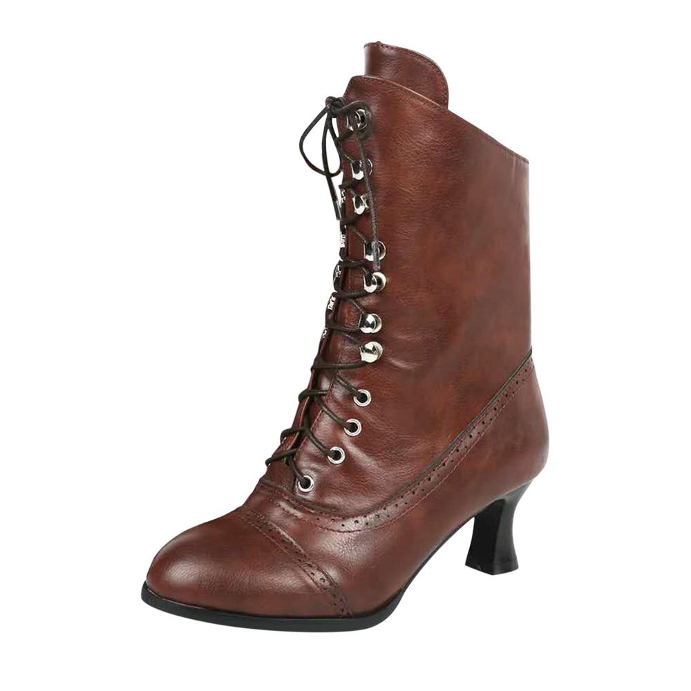 Damen Stiefeletten Braune Gothic Stiefel mit Schnürung sexy High Heels mittelhoher Absatz spitzer Zehenbereich wadenhoch für Hochzeit Party Kleid – Herbst/Winter Schuhe (Größe 40 EU