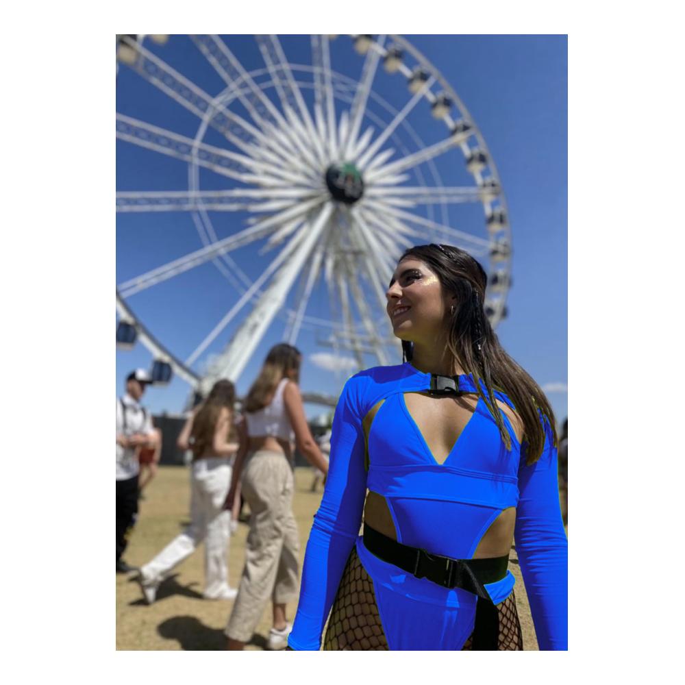EVELUST Damen Badeanzüge Festival Neon Body Crop Top Lange Mesh Shrug mit Schnalle Club Party 2 Stück Set - Rave Outfits mit Stil und Eleganz