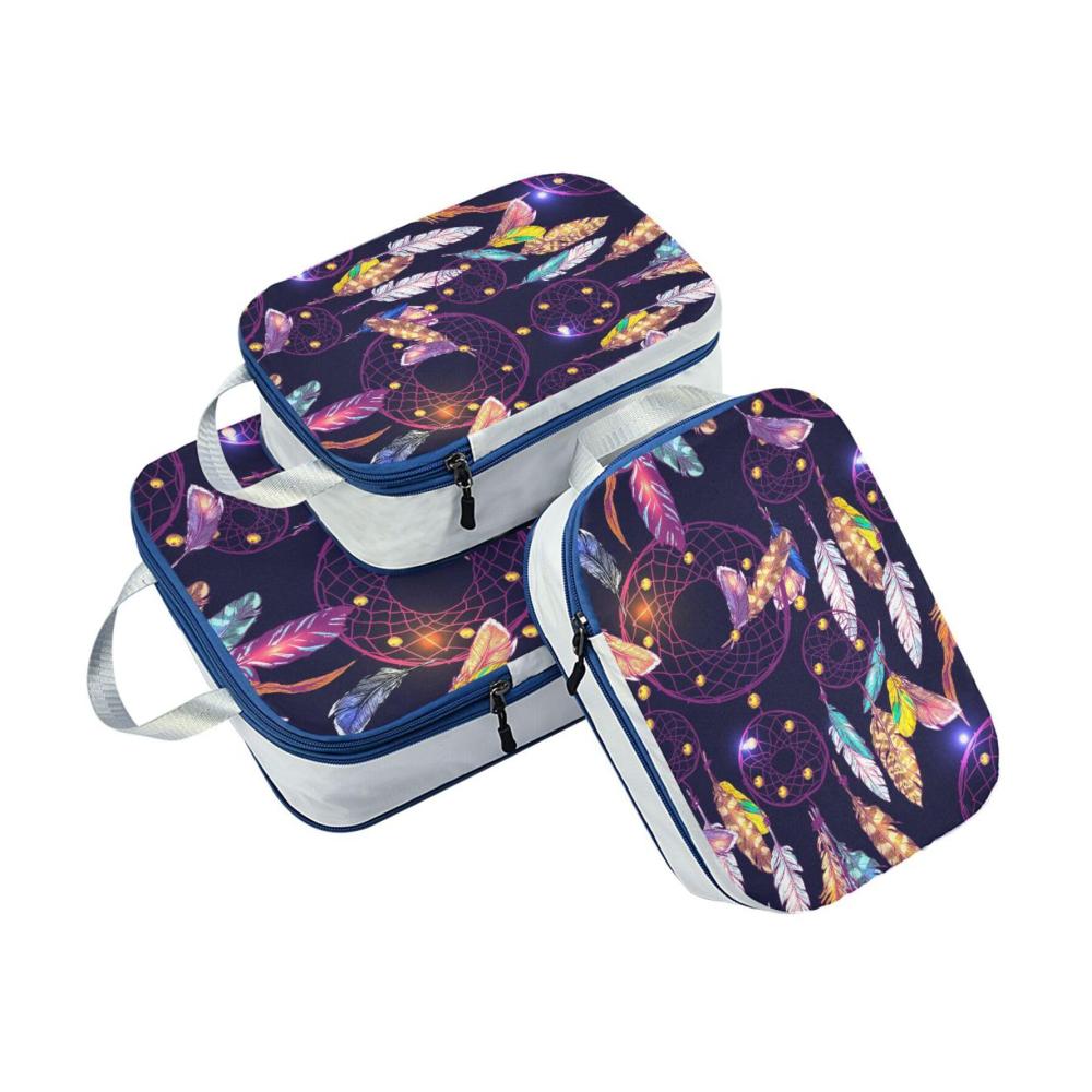 Kofferorganizer Set 3er Pack Kompressionswürfel mit Traumfänger Bohemia & Aztekenmuster - Lila Reiseutensilien für Rucksack und Gepäck