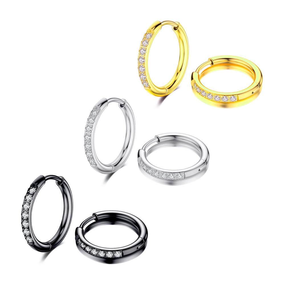 Titan Edelstahl Creolen Set 3 Paare Silber Diamant Zirkonia Ohrringe für Damen & Herren - Schwarz/Gold Klein Piercing 12MM