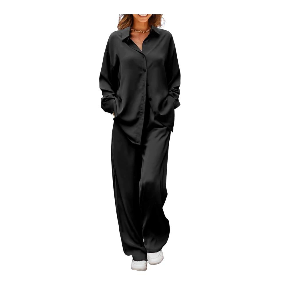 Damen Satin Trainingsanzug Set - Eleganter Zweiteiler in Uni mit Langarmhemd und Hose für lässige Schlichtheit