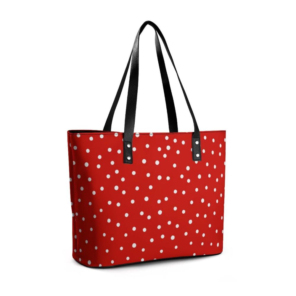 Elegante Handtasche aus Pebbled PU Leder perfekt für Business und Freizeit | Rot Weiß Runde Punkte Muster | 29*34*14cm