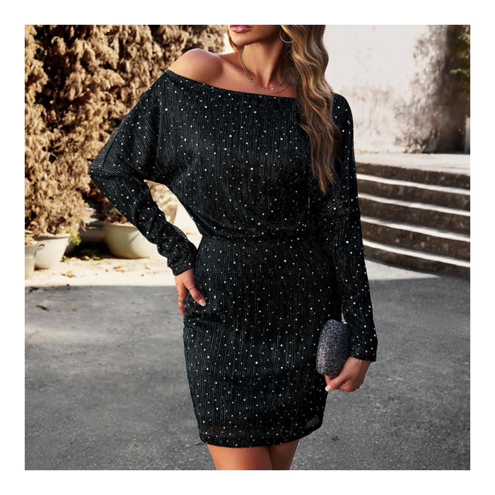 Party Glitzer Kleid Damen - Elegantes Langarm Bodycon Paillettenkleid mit Schulterfrei-Design - Enges Minikleid für Damen - Vintage Cocktailkleid für festliche Anlässe