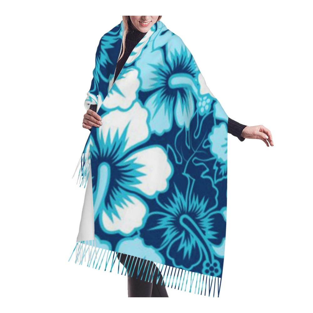 Hawaii Blumendruck Fransen Schal – Damen Winter Schal mit Quasten Super Weich Schwarz Einheitsgröße
