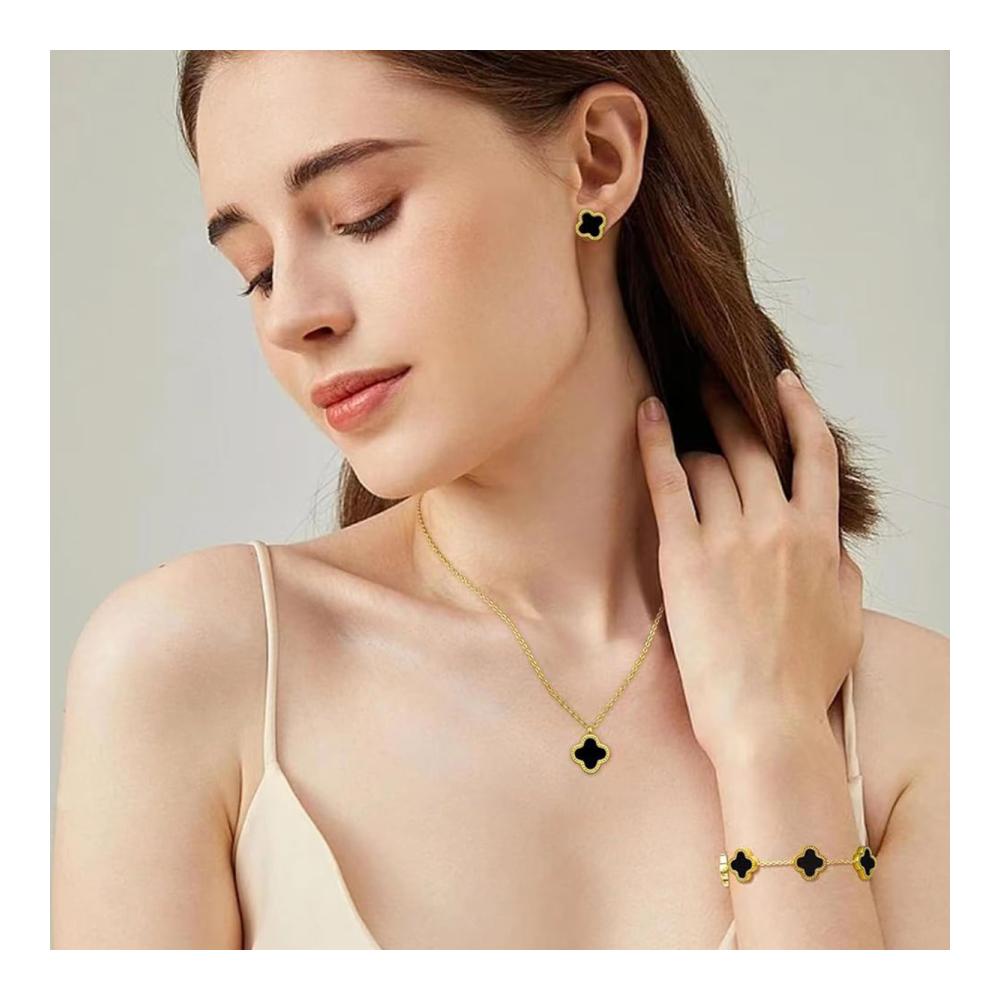 Glücksklee Schmuck-Set für Damen | 18K Vergoldete Kleeblatt Halskette Ohrringe Armband | Vierblättriges Kleeblatt Schmucksets