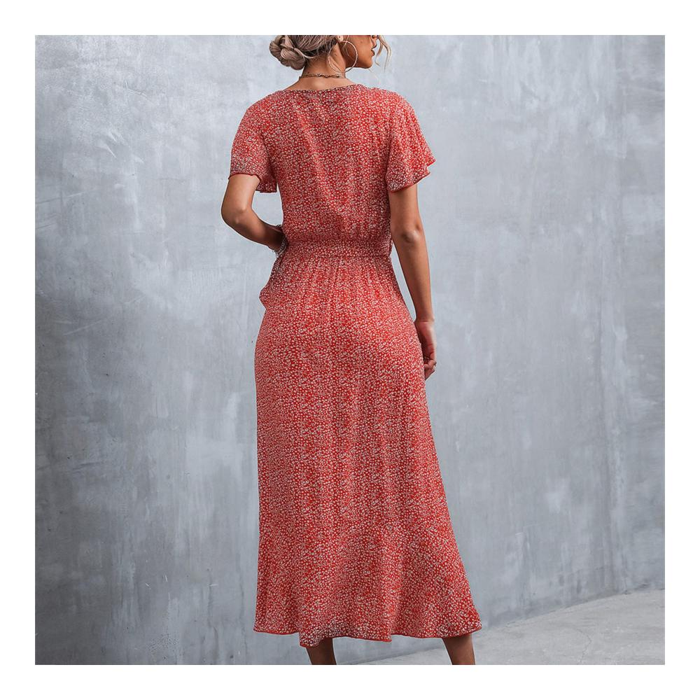 Blumenmuster Sommerkleid mit V-Ausschnitt & Wickelstil - Asymmetrischer Saum Rüschenärmel - Ideal für Strand & Freizeit