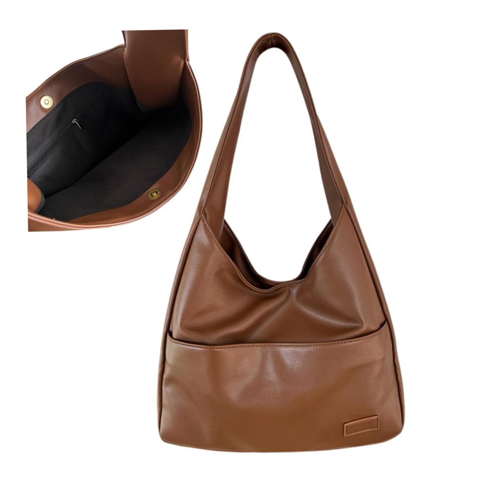 Retro Leder Shopper Damen Umhängetasche mit Reißverschluss-Innenfach | Vintage Slouchy Bag für Herbst und Winter | Casual Einkaufstasche für Pendeln und College