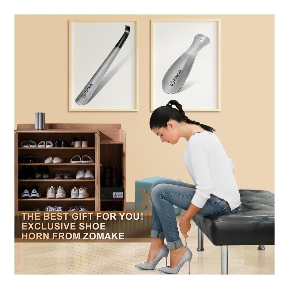 Edelstahl Schuhlöffel Set – 42cm Lang & 19cm Klein 2er Pack mit Gummihülse Wandhalterung für Senioren – Metall Schuhanzieher Shoe Horn Silber 42&19cm