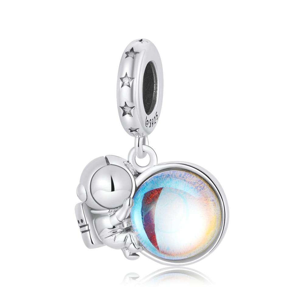 925 Sterling Silber Astronaut Mondstein Charm Anhänger für Pandora Armband - Einzigartige Bead Charms für Weltraumliebhaber