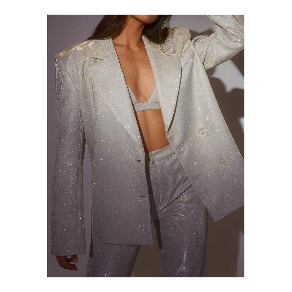 Damen Trainingsanzug mit Glitzer-Pailletten 2-teilig langärmelig Blazer-Tops funkelnd lässig - Weite Hose inklusive für einen funkelnden Sweatanzug im Clubwear-Stil