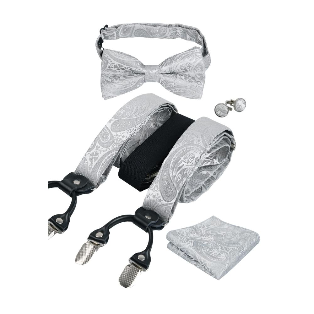 Alizeal Herren Schwarz Fliege und Hosenträger Set mit 6 Clips Einstecktuch und Manschettenknöpfen - Elegantes Accessoire-Ensemble für stilbewusste Männer