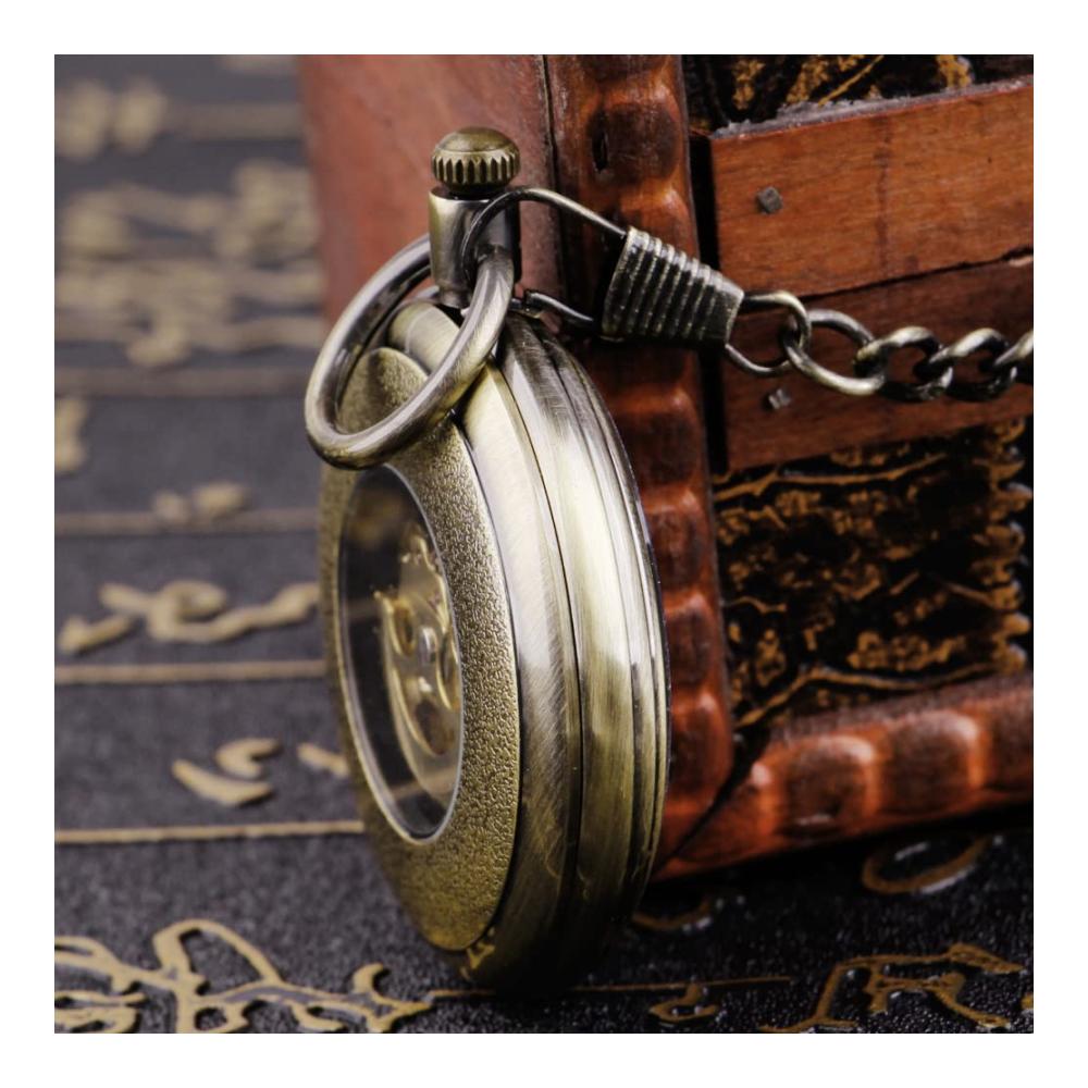 Bronzene Herren-Taschenuhr | Antik Mechanisch Skelett Römische Ziffern | Inklusive Kette und Box