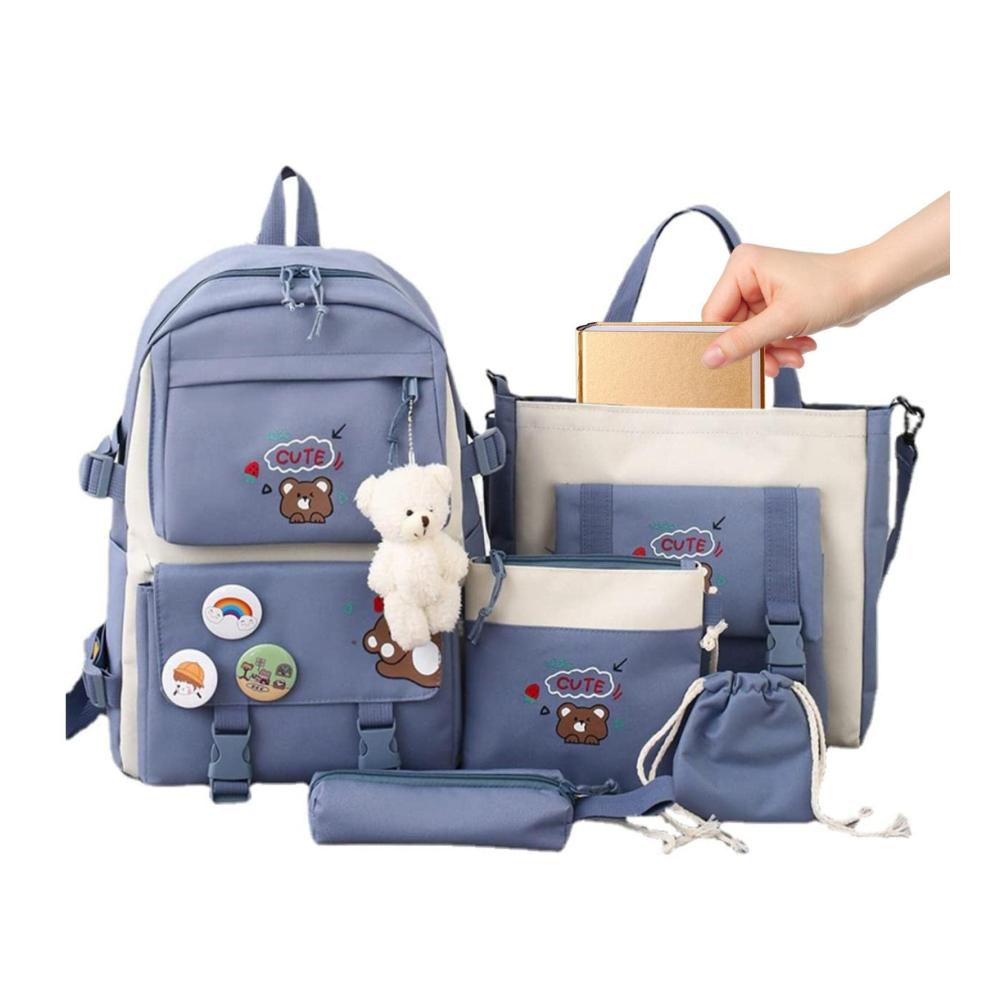 Kawaii Schulrucksack Set – 5-teiliges Ensemble mit Bärenanhänger Canvas Schultaschen ästhetischem Design für Teenager Mädchen – Rucksack Tragetasche Umhängetasche Federmäppchen inklusive