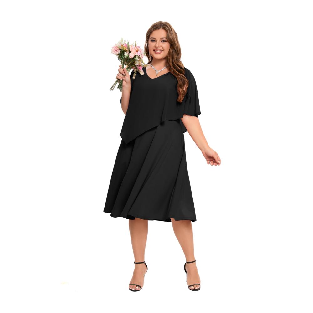 Chiffon Cocktailkleid Damen Große Größe | Elegantes A-Linien Abendkleid mit V-Ausschnitt und Overlay Knielang