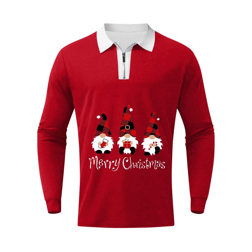 Weihnachtshemden Herren - Festliche Langarm T-Shirts mit Revers und Zipper Casual Print Tops S-3XL