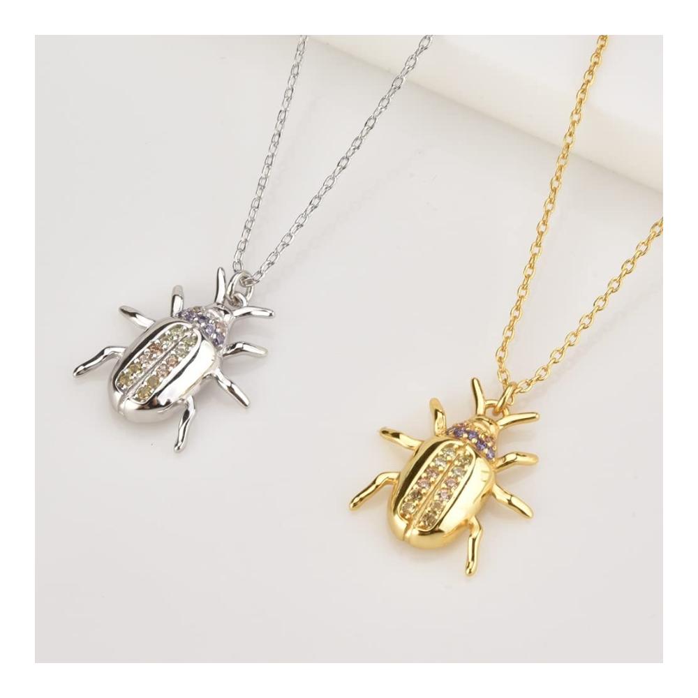 925 Sterling Silber Schmuck-Set mit Gold Käfer-Design Ohrringe Ring Lange Kette & Halskette mit Zirkon - Exquisites Schmuckset für Tierliebhaber (Grau