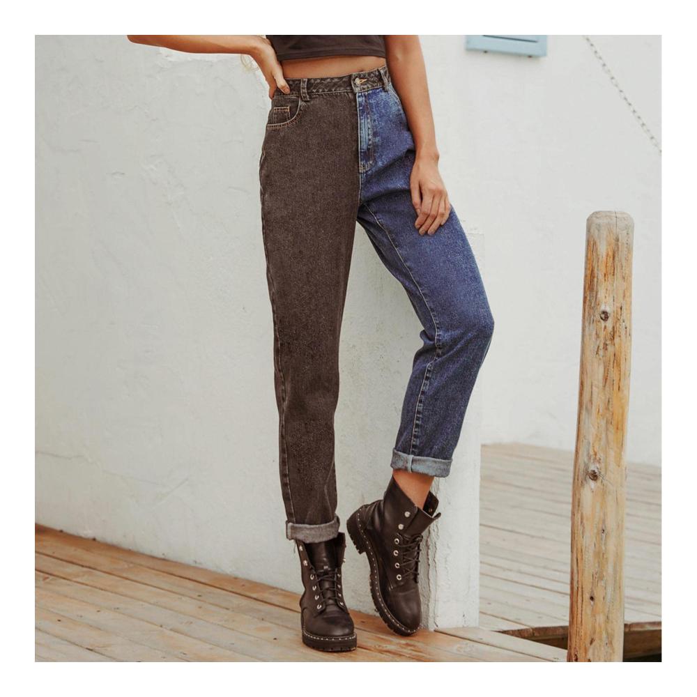 Damen High Waist Jeanshose - Straight Leg Instant Relaxed Fit in Schwarz-Blau Two Tone Denim