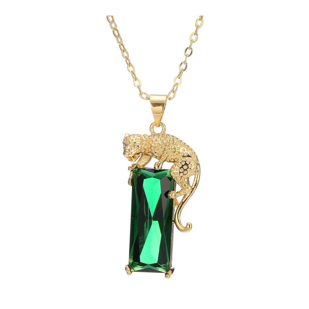 14K Gold Überzogene Damen Halskette mit Grünen Kristall-Leopard-Anhänger - Hip-Hop Punk Panther Schmuckgeschenk