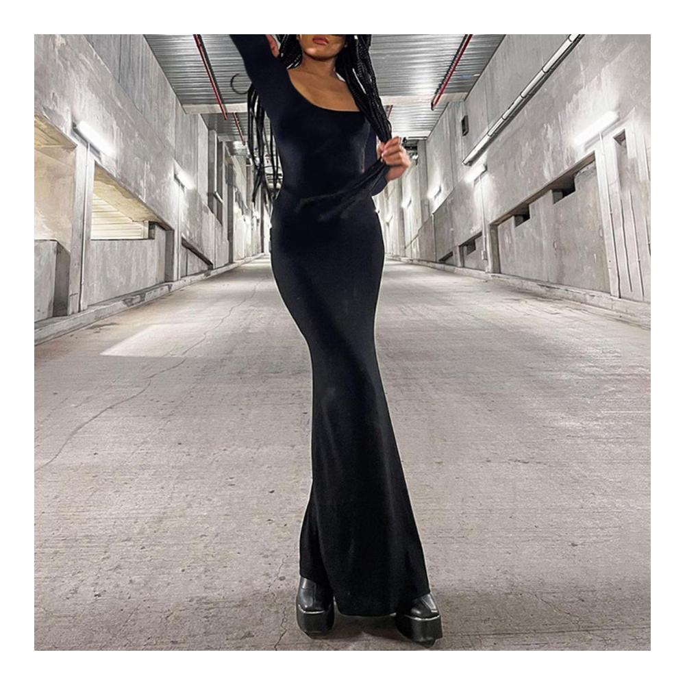 Damen Maxikleid Herbst Elegantes Bodycon-Kleid mit U-Ausschnitt Langarm und Fischschwanz-Saum für Streetwear-Chic