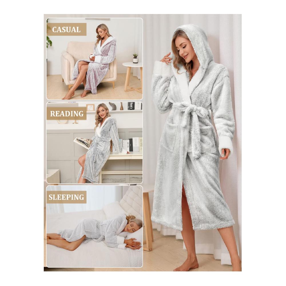 Bademäntel Damen & Herren - Kuscheliger Fleece Morgenmantel mit Kapuze Saunamantel für Reisen - Aufgesetzte Taschen und Gürtel inklusive