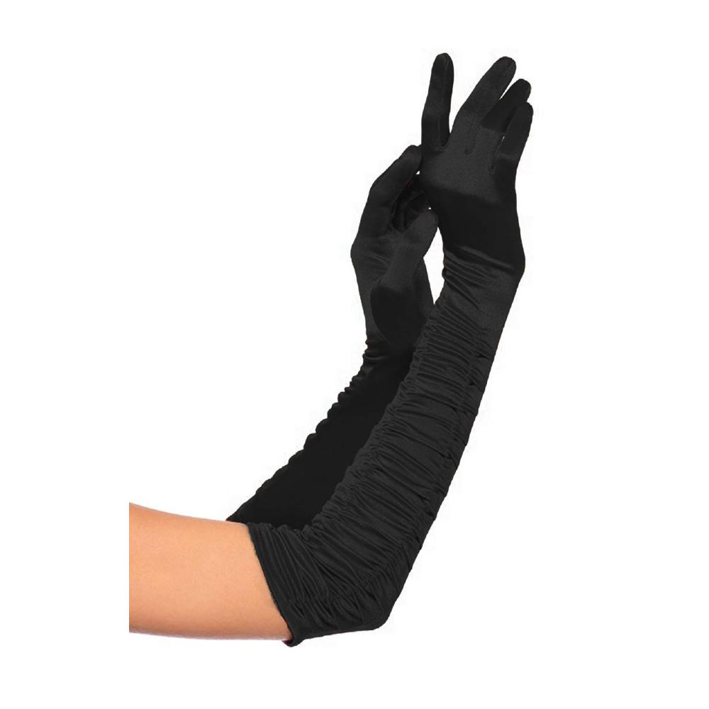 Elegante Schwarze Damen Satin-Opernhandschuhe | Lange Geraffte Ellenbogenhandschuhe für Party | Modische Fäustlinge für besondere Anlässe