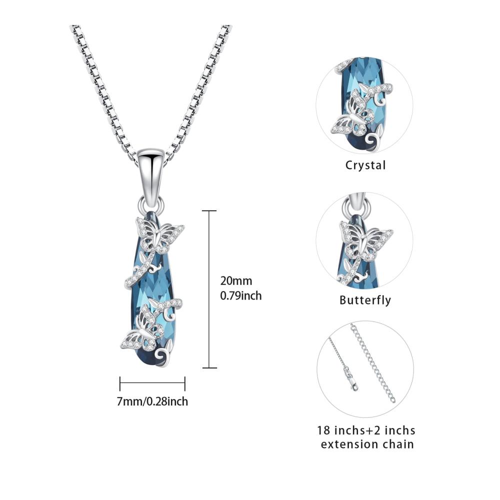925 Sterling Silber Doppel-Schmetterlingshalskette mit Blau-Kristall-Anhänger – Elegantes Tierdesign für Damen und Mädchen