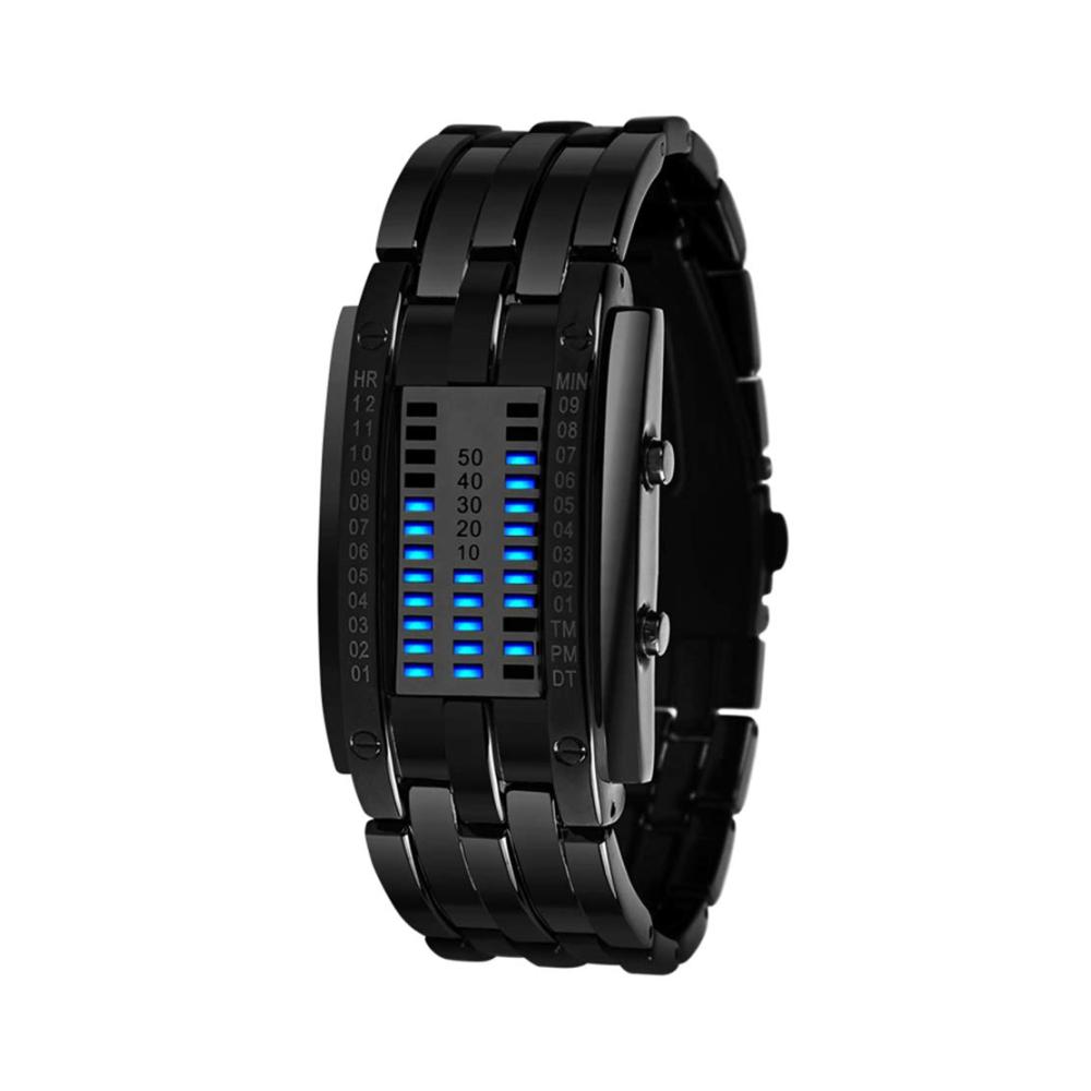 Binäre Unisex-Armbanduhr aus Edelstahl mit LED-Licht Kalender und einzigartigem eckigem Zifferblatt in Schwarz - Fashion Casual Stil in Blau