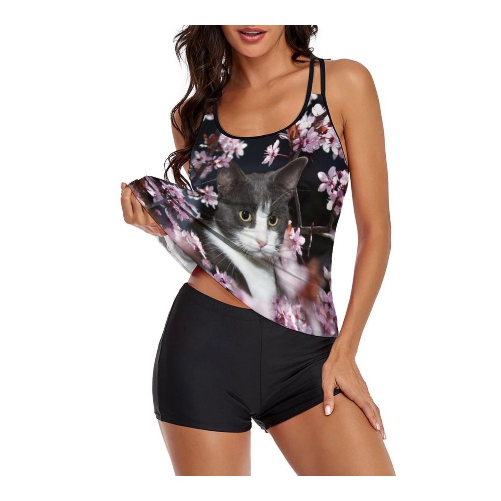 Damen Tankinis – Stilvolle Badeanzüge mit Blumenmuster und Katzenmotiv für Schwimmen Tauchen und Strand