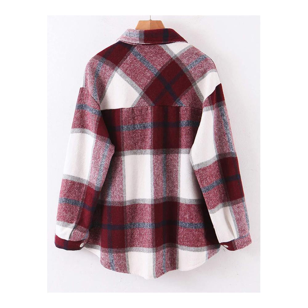 Damen Flanell Karo Shacket Langarm Baumwollbluse mit Revers und Knopfleiste