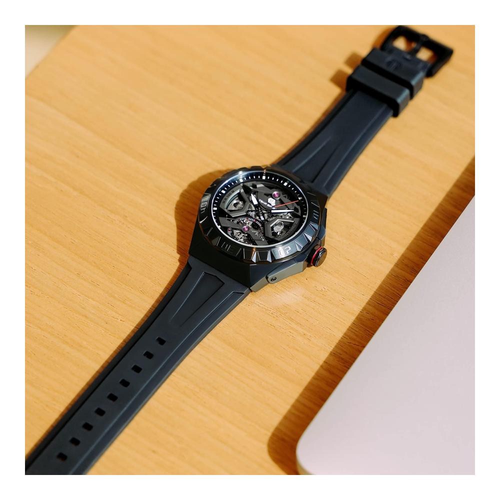 Automatik Armbanduhr für Herren – TSAR BOMBA Tonneau Skelettuhr 100M wasserdicht Fluorkautschuk Armband Edelstahl Saphirglas Mechanisch Schwarz Achteckig Männer Analoguhr