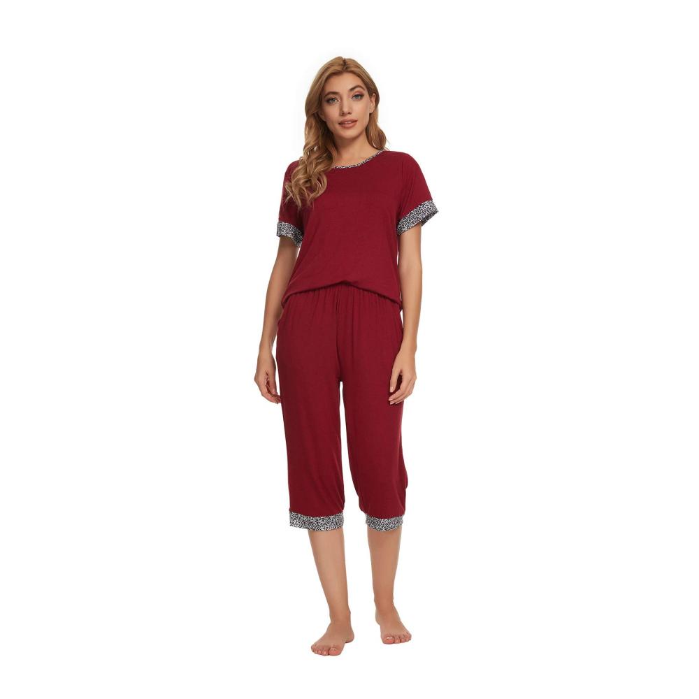 Damen Schlafanzug Kurzarm | Unifizz Nachtwäsche Set in Größe 38 | Bequeme Loungewear mit Spitzenmuster | Weinroter Pyjama für Frauen